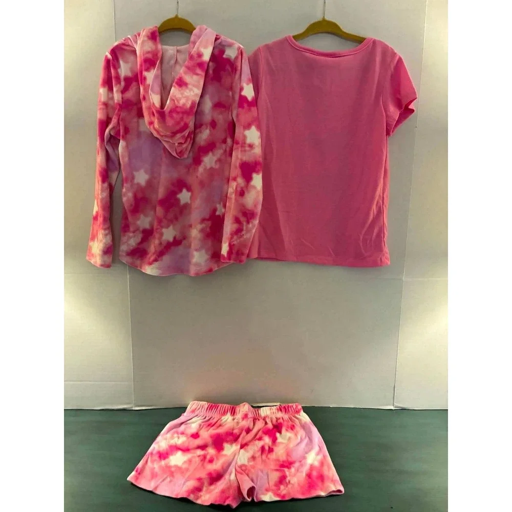 Saint Eve Sleepwear Set Girls XS 5/6 Pink Tie Dye Star 3pc NWT Hoodie Tee Shorts